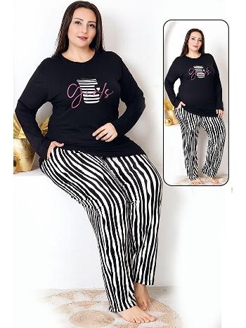 Çizgili Uzun Kollu Büyük Beden Cepli Pijama Takımı Lady 11398