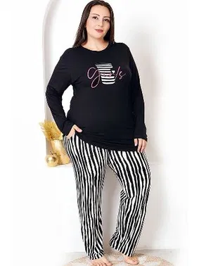 Lady Çizgili Uzun Kollu Büyük Beden Cepli Pijama Takımı Lady 11398 - Alternatif Görünüm