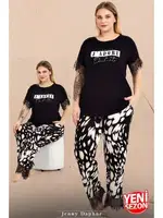 Dalmaçya Desenli Dantelli Bisiklet Yaka Kısa Kollu Büyük Beden Pijama Takımı Lady 10980  Siyah