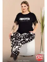 Dalmaçya Desenli Dantelli Bisiklet Yaka Kısa Kollu Büyük Beden Pijama Takımı Lady 10980  Siyah detay görünüm