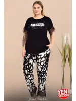 Dalmaçya Desenli Dantelli Bisiklet Yaka Kısa Kollu Büyük Beden Pijama Takımı Lady 10980  Siyah farklı açı