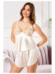Miss Laris Dantel Askılı Yırtmaçlı Şort Saten Pijama Takımı Miss Laris 3107