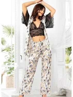 Miss Laris Dantel Büstiyer Kısa Kollu Saten Sabahlık Pijama Takım Miss Laris 5025
