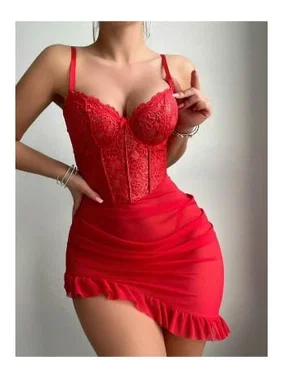 Real Passione Dantel Büstiyerli Kırmızı Transparan Seksi Fantezi Gecelik Takım Real Passione 4055
