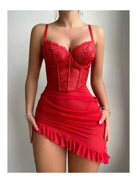 Real Passione Dantel Büstiyerli Kırmızı Transparan Seksi Fantezi Gecelik Takım Real Passione 4055 - Alternatif Görünüm