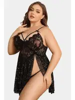 Dantel Dekolteli Büyük Beden Gecelik Tanga Takım missisX 3068 Siyah detay görünüm