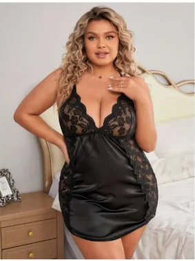 Real Passione Dantel Dekolteli Siyah Saten Büyük Beden Gecelik Real Passione 11017 - Alternatif Görünüm