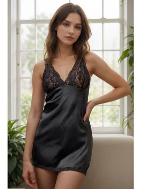 Venlisa Siyah Seksi Dantel Detaylı Askılı Saten Gecelik Venlisa V2300