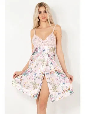 DOREMI Dantel Detaylı Çiçek Desenli Saten Gecelik Miorre 001-000410