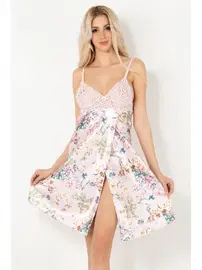 DOREMI Dantel Detaylı Çiçek Desenli Saten Gecelik Miorre 001-000410