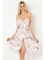 Dantel Detaylı Çiçek Desenli Saten Gecelik Miorre 001-000410 Pudra