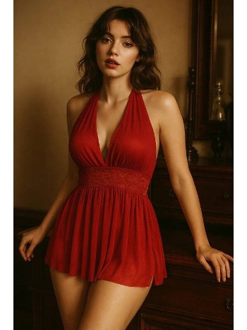 Boyundan Bağlamalı Dantel Detaylı Transparan Babydoll Venlisa V2403