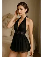 Boyundan Bağlamalı Dantel Detaylı Transparan Babydoll Venlisa V2403 Siyah görsel 4