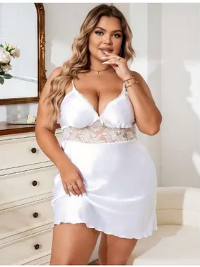 Real Passione Dantel İşlemeli Beyaz Saten Büyük Beden Gecelik Real Passione 11016