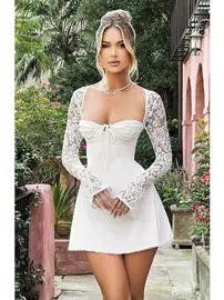 Pink Night Dantel Kol Detaylı Beyaz Dekolteli Seksi Midi Elbise Pink Night 1311