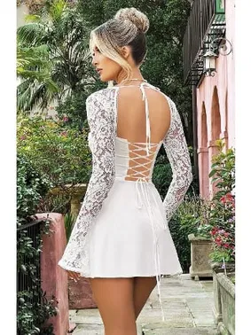 Pink Night Dantel Kol Detaylı Beyaz Dekolteli Seksi Midi Elbise Pink Night 1311 - Alternatif Görünüm