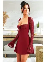 Dantel Kol Detaylı Bordo Dekolteli Seksi Midi Elbise Pink Night 1309 Bordo