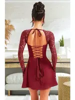 Dantel Kol Detaylı Bordo Dekolteli Seksi Midi Elbise Pink Night 1309 Bordo detay görünüm