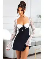 Dantel Kol Detaylı Dekolteli Seksi Kulüp Midi Elbise Pink Night 1312 Siyah