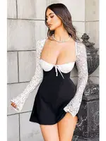 Dantel Kol Detaylı Dekolteli Seksi Kulüp Midi Elbise Pink Night 1312 Siyah detay görünüm