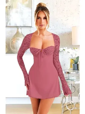 Pink Night Dantel Kol Detaylı Fuşya Dekolteli Seksi Midi Elbise Pink Night 1310