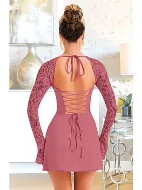 Pink Night Dantel Kol Detaylı Fuşya Dekolteli Seksi Midi Elbise Pink Night 1310 - Alternatif Görünüm