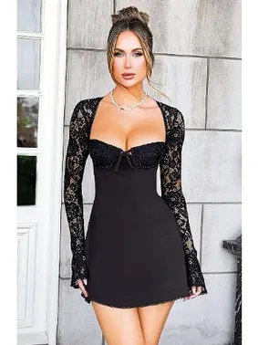 Pink Night Dantel Kol Detaylı Siyah Dekolteli Seksi Midi Elbise Pink Night 1308