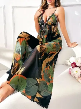 Pink Night Desenli Siyah Asklı Bluz Pantolon Takım Pink Night 1459