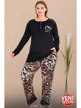 Lady Dantel Paçalı Uzun Kollu Büyük Beden Leopar Düğmeli Pijama Takımı Lady 11399