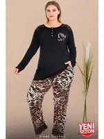 Dantel Paçalı Uzun Kollu Büyük Beden Leopar Düğmeli Pijama Takımı Lady 11399 Siyah