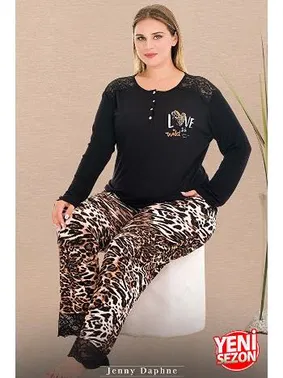Lady Dantel Paçalı Uzun Kollu Büyük Beden Leopar Düğmeli Pijama Takımı Lady 11399 - Alternatif Görünüm