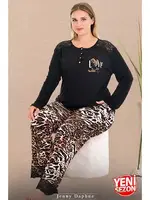 Dantel Paçalı Uzun Kollu Büyük Beden Leopar Düğmeli Pijama Takımı Lady 11399 Siyah detay görünüm