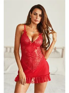 SHE Dantel Tül Seksi Mini Kırmızı Gecelik SHE 2030