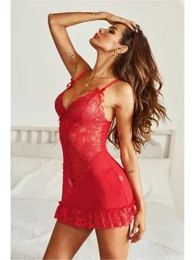 SHE Dantel Tül Seksi Mini Kırmızı Gecelik SHE 2030 - Alternatif Görünüm