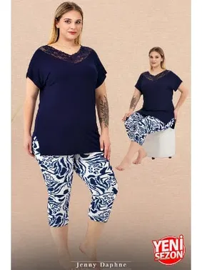 Lady Dantel Yaka Büyük Beden Çiçek Desenli Kısa Kollu Kapri Pijama Takımı Lady 10734