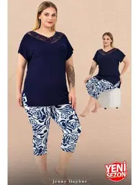 Lady Dantel Yaka Büyük Beden Çiçek Desenli Kısa Kollu Kapri Pijama Takımı Lady 10734