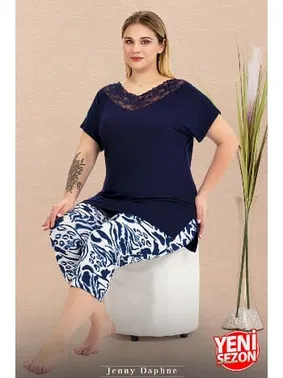 Lady Dantel Yaka Büyük Beden Çiçek Desenli Kısa Kollu Kapri Pijama Takımı Lady 10734 - Alternatif Görünüm