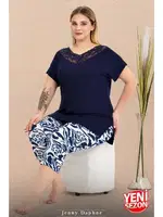 Dantel Yaka Büyük Beden Çiçek Desenli Kısa Kollu Kapri Pijama Takımı Lady 10734 Lacivert detay görünüm