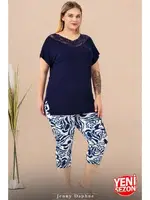 Dantel Yaka Büyük Beden Çiçek Desenli Kısa Kollu Kapri Pijama Takımı Lady 10734 Lacivert farklı açı