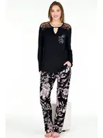Dantel Yaka Gül Desenli Viskon Uzun Kollu Pijama Takımı Lady 11668 Siyah