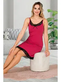 Lady Dantel Yaka İnce Askılı Viskon Kadın Tunik Gecelik  Lady 5523