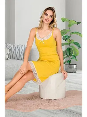 Lady Dantel Yaka Sarı İnce Askılı Kadın Viskon Tunik Gecelik  Lady 5513