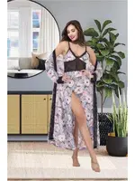 Dantelli 2li Yırtmaçlı Uzun Gecelik Sabahlık Takımı İzabel US-6009 Gri detay görünüm