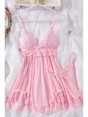 Merry See Dantelli Askılı Yumuşacık Tanga ve Gecelik Takım Pembe Merry See MS2380 