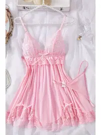 Merry See Dantelli Askılı Yumuşacık Tanga ve Gecelik Takım Pembe Merry See MS2380 