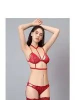 Bantlı Dantelli Sütyen Jartiyerli Külot Takımı Venlisa 1706 Kırmızı