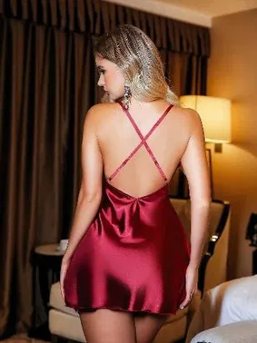 Pink Night Dantelli Bordo Askılı Saten Gecelik Sabahlık Takım Pink Night 1502 - Alternatif Görünüm