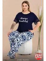 Dantelli Büyük Beden Çiçek Desenli Cepli Kısa Kollu Pijama Takımı Lady 11024 Lacivert detay görünüm