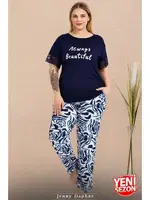 Dantelli Büyük Beden Çiçek Desenli Cepli Kısa Kollu Pijama Takımı Lady 11024 Lacivert farklı açı