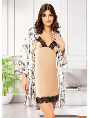Miss Laris Dantelli Desenli Saten Askılı Gecelik Sabahlık Takım Miss Laris 5004